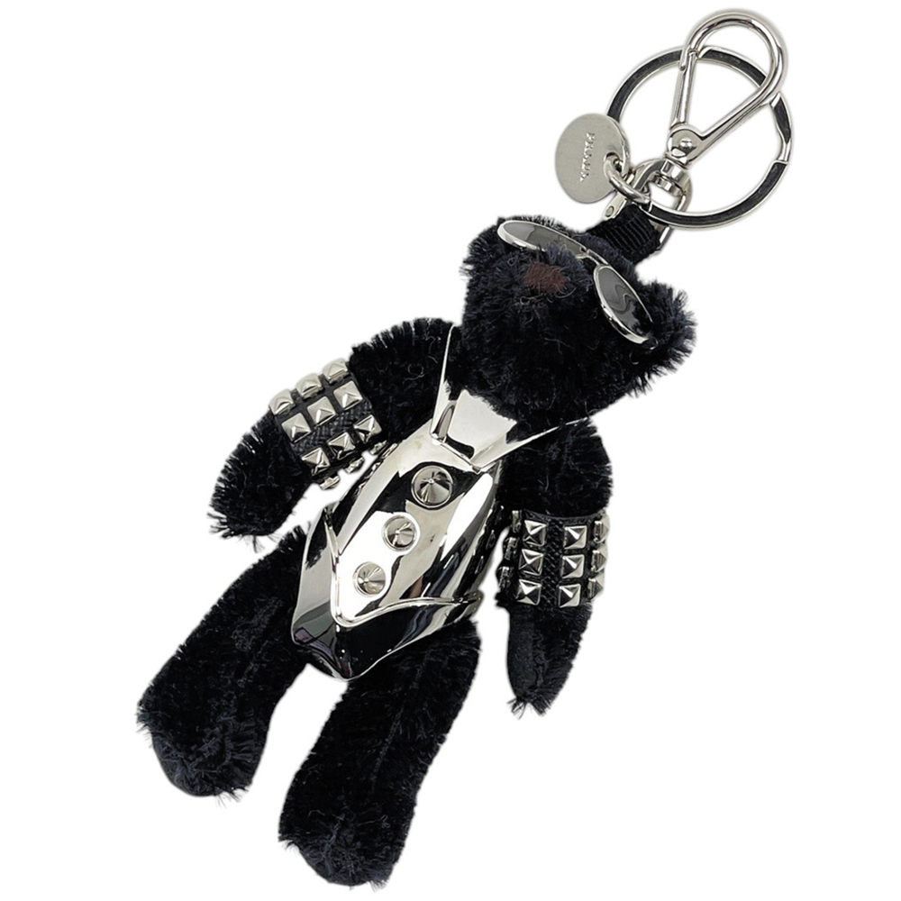 Prada bag charm, Bear Trick keychain, metal fabric, black and silver, for women.